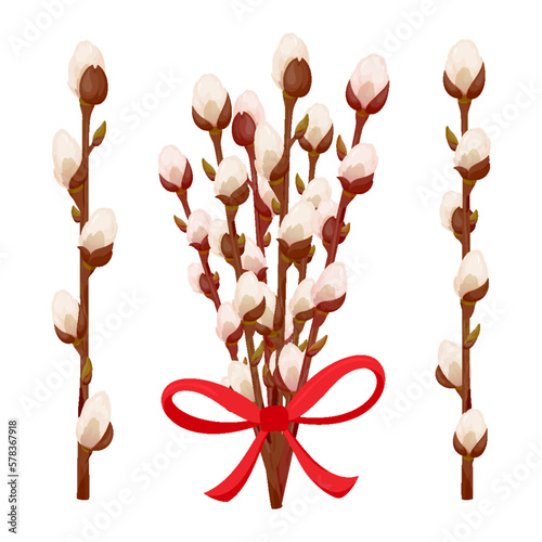 Pussy willow spring branch twig Easter flat set. Soft fluffy blooming holiday plant decoration bouquet bundle tied red ribbon bow needle blossom bud tree twig element greeting card sticker isolated