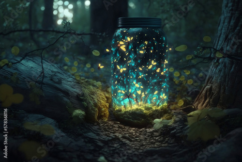 fireflies in a wild fairy tale mystical mysterious forest. Generated by AI