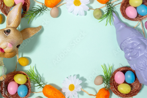 Canvas Print Spring's message text frame mockup with purple garden gnome, easter bunny, carro
