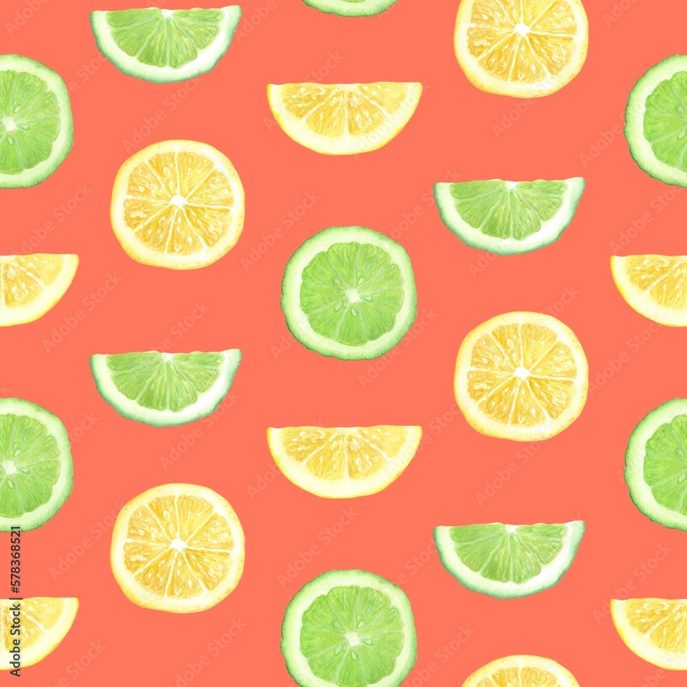 Seamless pattern of citrus slices, lemon, lime, bergamot, hand drawn in watercolor, on coral background
