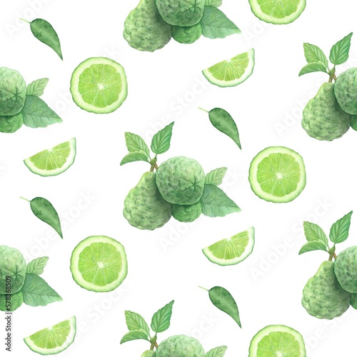 Watercolor bergamot fruit and slices seamless pattern, hand drawn in green colors