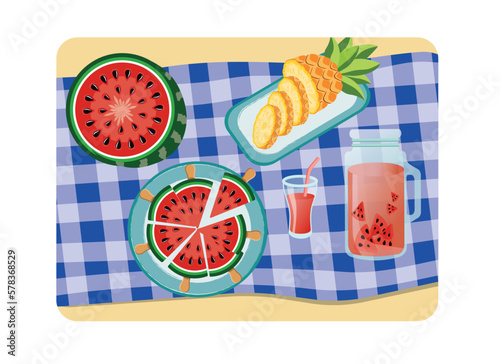 Summer picnic Fruits and drinks on blanket on sand. Weekend outdoor eating. Flat vector illustration.