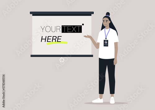 A young female Asian character pointing at a video projector screen, copy space, your text here