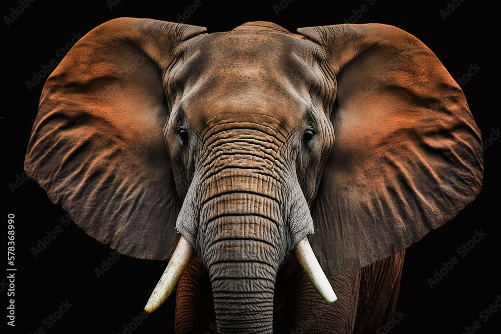 elephant head closeup on black background. generative AI - obrazy, fototapety, plakaty 