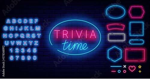Trivia time neon sign. Geometric frames set. Quiz show. Game competition. Vector stock illustration