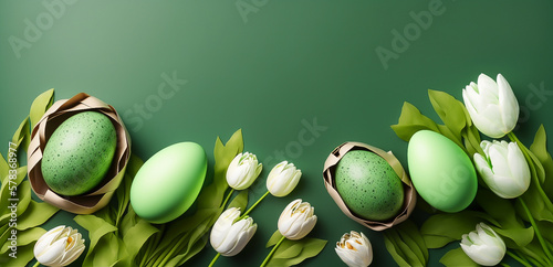 easter decoration. eggs and white tulip flowers on green background. copy space. generative AI
