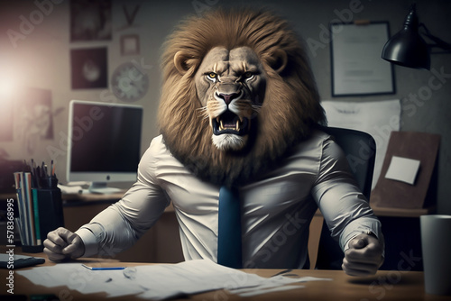 angry furious boss in office concept. lion in suit. generative AI