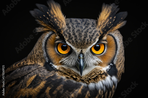 owl portrait on black background. generative AI © ronstik