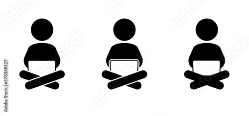 Laptop on your lap. Sitting, relax working on a computer. Stickman, stick figure man sitting with legs crossed and fitness workout. lotus position silhouette. 