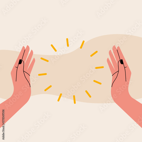 Two hands open with copy space. Concept of discovery, holding, showing. Vector illustration, flat design