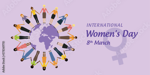 happy womens day 8th march group of different women on earth background