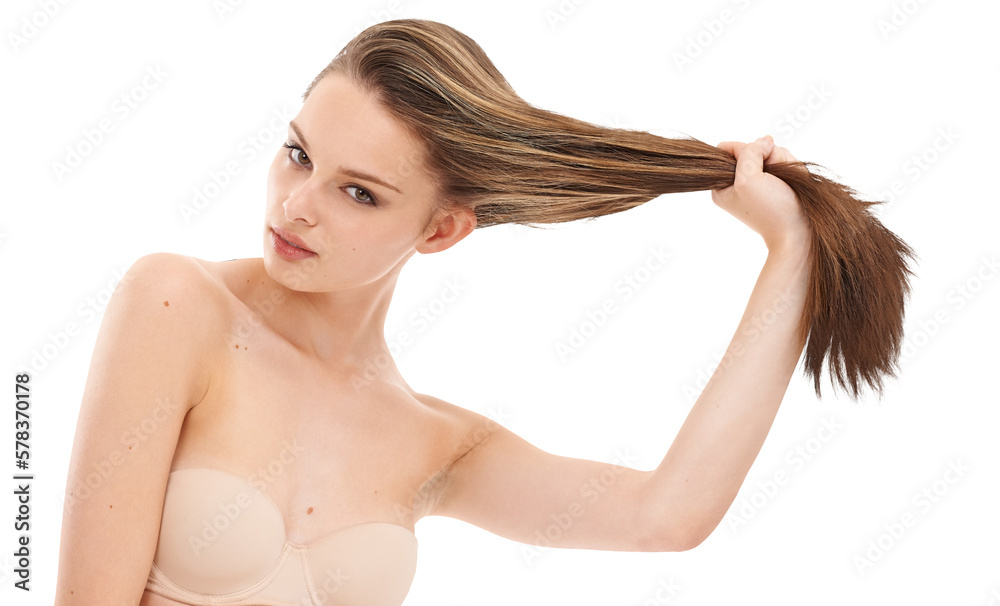 Obraz premium A natural beauty woman grooming her routine of luxury treatment of healthy scalp and posing by pulling her hair isolated on a PNG background