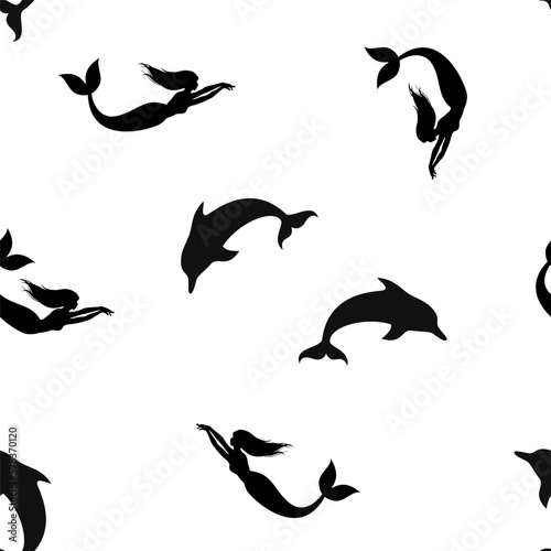 Seamless pattern of Black silhouettes of a dolphin and mermaid on a white background