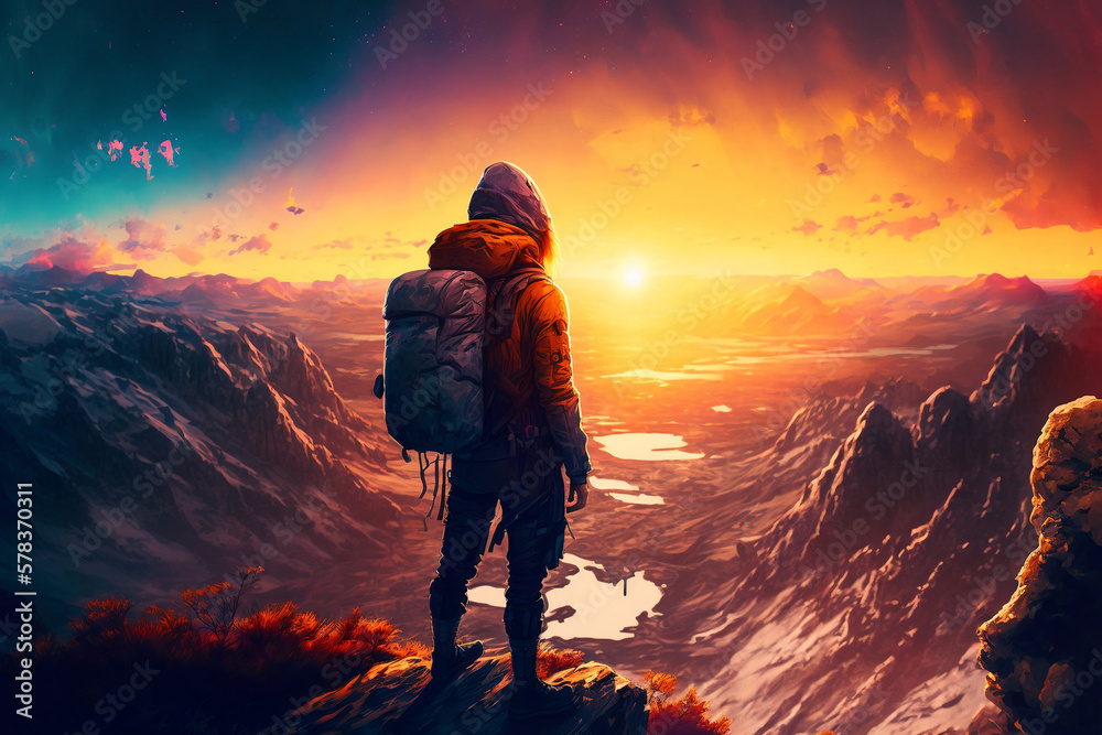 man standing on top of a mountain with a backpack on his back and a sunset in the background behind him, generative ai man standing on top of a mountain with a backpack on his back and a sunset in the background behind him, generative ai
