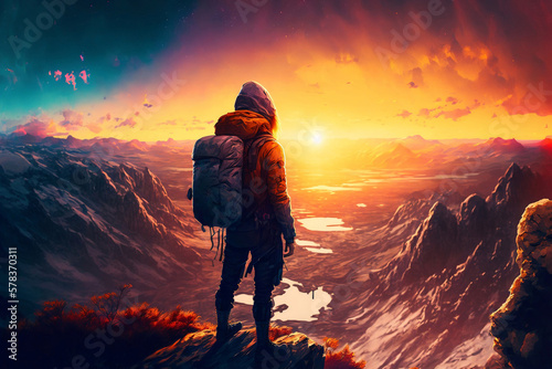 man standing on top of a mountain with a backpack on his back and a sunset in the background behind him, generative ai