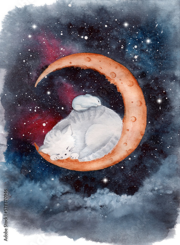 Fotografie Watercolor picture of a cat and a mouse sleeping on the crescent moon with star