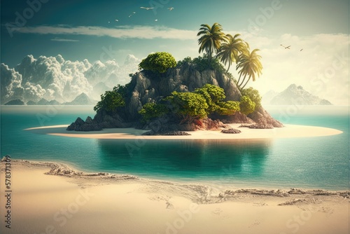 Sandy tropical beach with small island on the background. Generative AI illustration.