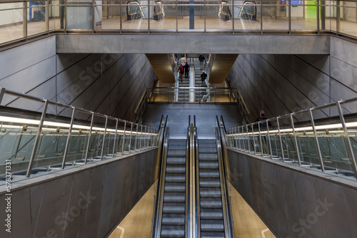 Canvas Print Interior view at hallway escalators to metro at Copenhagen Airport, Denmark
