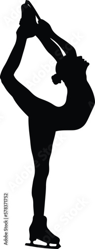 girl skater performs figure biellmann spin in figure skating, black silhouette on white background, vector illustration