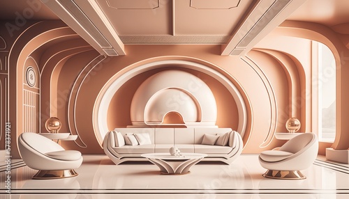 Futuristic Interior of Luxury Living Room - Soft Smooth Pastel Style - Future Concept Design - Generative Ai Illustration  photo