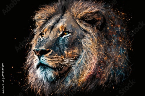 portrait made with artificial intelligence of a lion with a black background and a serious and threatening gesture