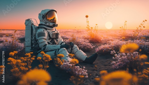 Astronaut sitting in a flower fiels on another planet, made with generated ai