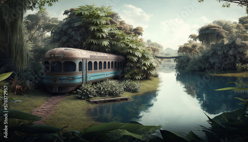 An abandoned overgrown train wagon on a lakeshore in a tropical forest, an illustration created using Generative AI technology