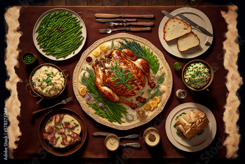 Grilled chicken over salad on the wooden desk, generative ai