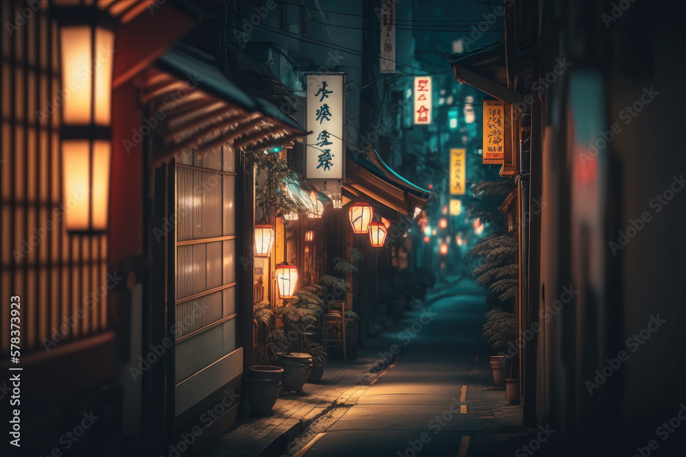 Japanese night with neon light, generative ai