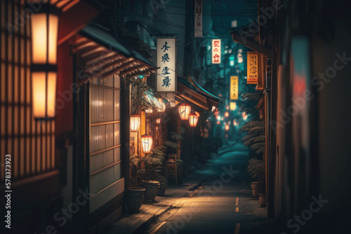 Japanese night with neon light, generative ai