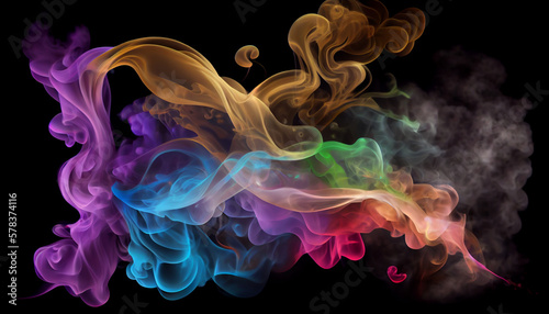 colorful smoke on black background, abstract background, AI generated colored abstract wavy illustration.
