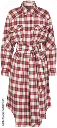 long-sleeved red and white plaid shirt dress, isolated on transparent or white background, png, mockup 
