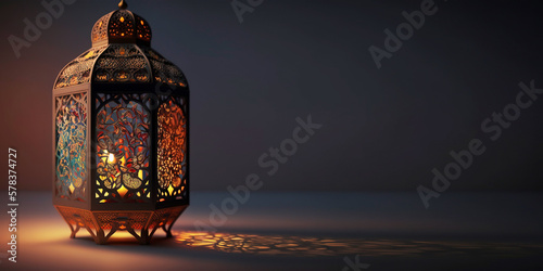 decorative lantern with burning candles on a dark background and empty space for text, generative ai