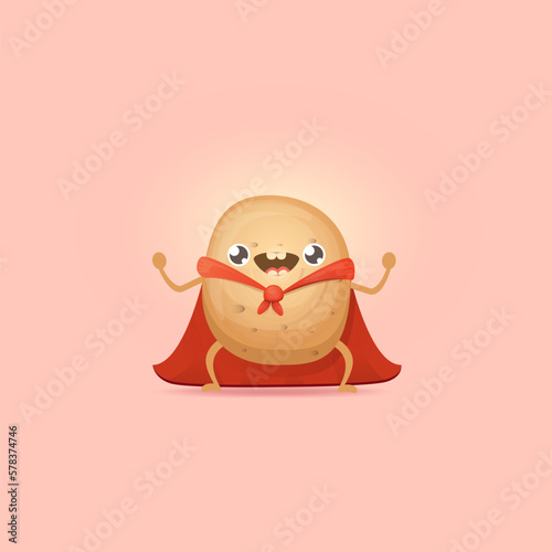 Cartoon potato clip art. vector funny cartoon cute super hero potato with red hero cape isolated on pink background. Superhero vegetable potato kawaii food funky character
