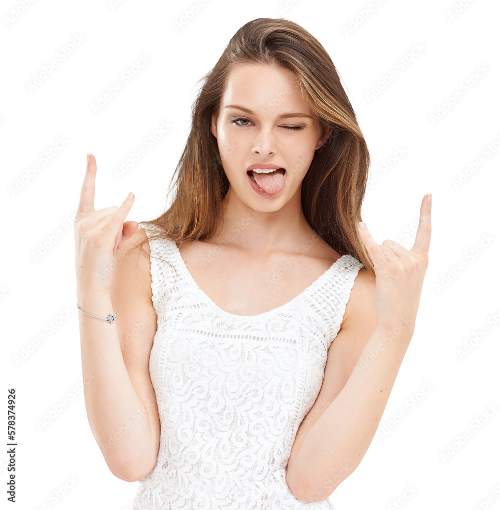 A beautiful woman standing with tongue out and showing hand gesture of punk or rock with devil horns and wink with crazy cool sign from Canada isolated on a PNG background A beautiful woman standing with tongue out and showing hand gesture of punk or rock with devil horns and wink with crazy cool sign from Canada isolated on a PNG background
