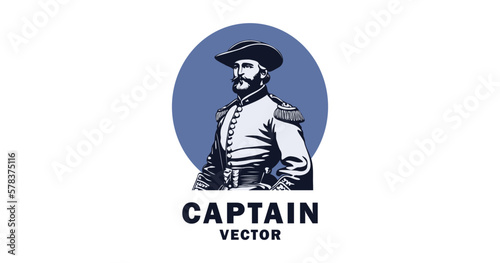 Vector illustration, monochrome captain in US Civil War uniform. Logo, icon or sticker. White isolated background. Soldier in vintage military clothes.