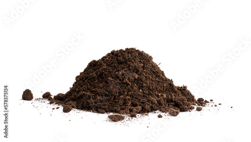 Mound of soil isolated on white background. Pile of light-weight and nutrient potting mix substrate for success plants growing