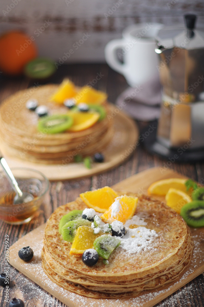 Crepes or bliny with fruit Crepes or bliny with fruit