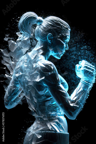 boxing woman with ice silhouette, ai