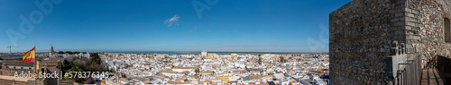 Sanlucar de Barrameda, Cadiz, Spain - February 27, 2023: Stunning panoramic view of Sanlucar de Barrameda taken from Castillo de Santiago (Santiago Castle).