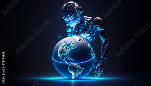 Robot ai artificial intelligence with earth,world technology security system and business industry concepts.machine learning.ai generated images