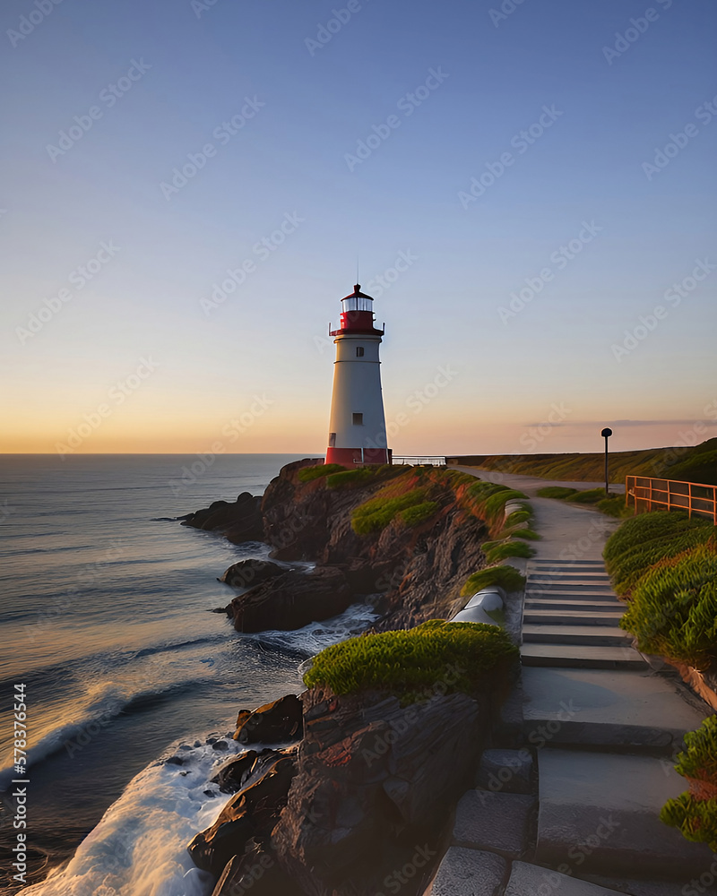 View of a Lighthouse by the edge of the Ocean Just Before Sunrise | Lighthouse Landscape Background View Before Sunset | Generative AI