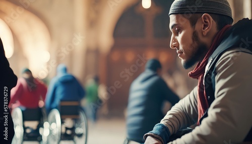 muslim men using wheelchair praying in mosque, Generative AI
