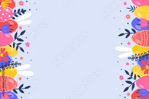 Easter background with hand drawn eggs, flowers and bunnies. Vector illustration