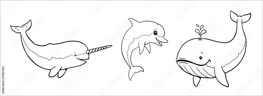 Cute narwhal, whale and dolphin to color in. Vector template for a ...
