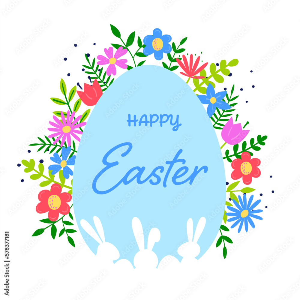 Colourful Easter egg with hand drawn flowers and bunnies. Concept of  Easter background. Vector illustration