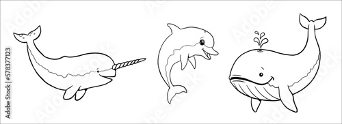 Cute narwhal, whale and dolphin to color in. Vector template for a coloring book with funny animals. Coloring template for kids.
