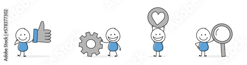 Collection of a happy stickman holding thumb up, gearwheel, heart and magnifier sign. Cartoon style icons for a business presentation. Vector illustration