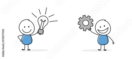 Collection of a funny stickman holding lightbulb and gear wheel sign. Hand drawn icons for a business presentation. Vector illustration