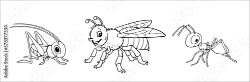Cute grasshopper, bee and ant to color in. Vector template for a coloring book with funny animals. Coloring template for kids.